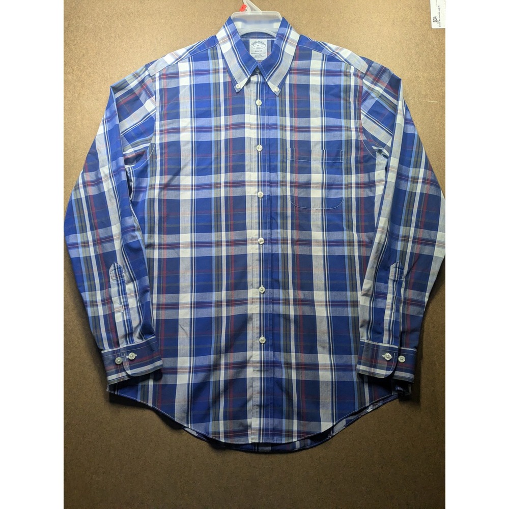Brooks Brothers 1818 Regent Non-Iron Plaid Button Down Shirt Blue White Mens M